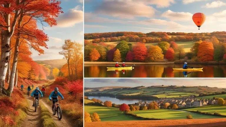 Autumn Outdoor Activities biking, hot air balloning, kayaking