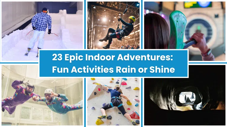 People enjoying various indoor adventure activities in the UK, such as indoor skydiving, indoor surfing, trampoline parks, a…