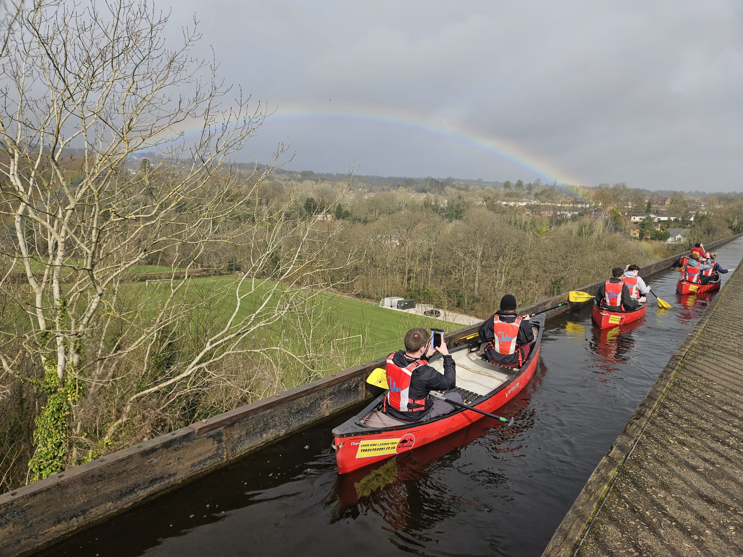 Phone-free canoe crossing Pontcysyllte Aqueduct, Llangollen, Snowdonia
